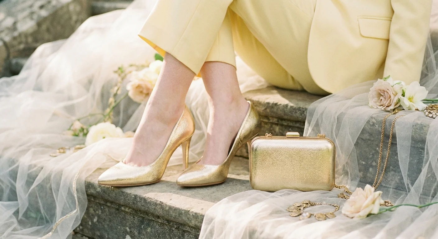 Costum galben pal cu accesorii aurii metalice, stil romantic modern.