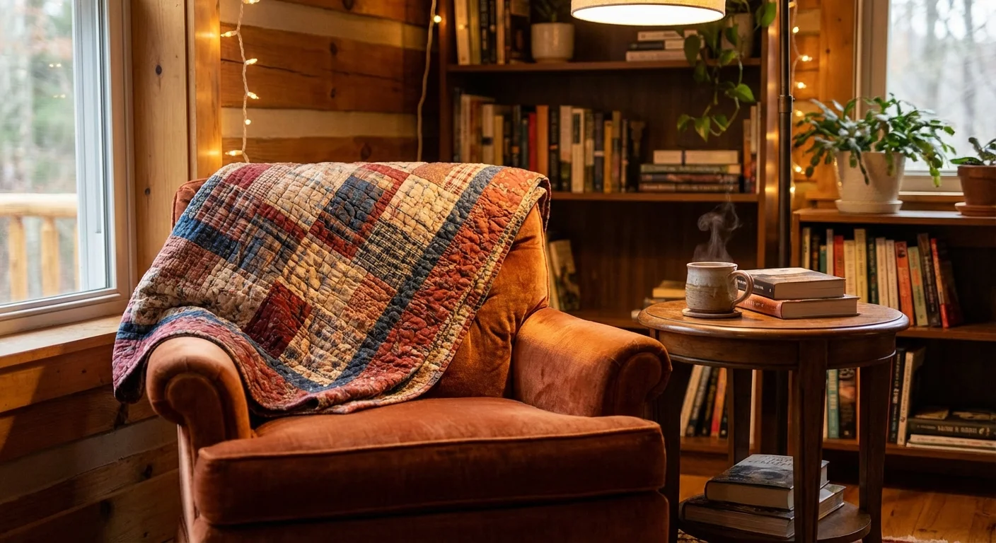 Cozy reading nook with a quilted throw blanket and a cup of tea.