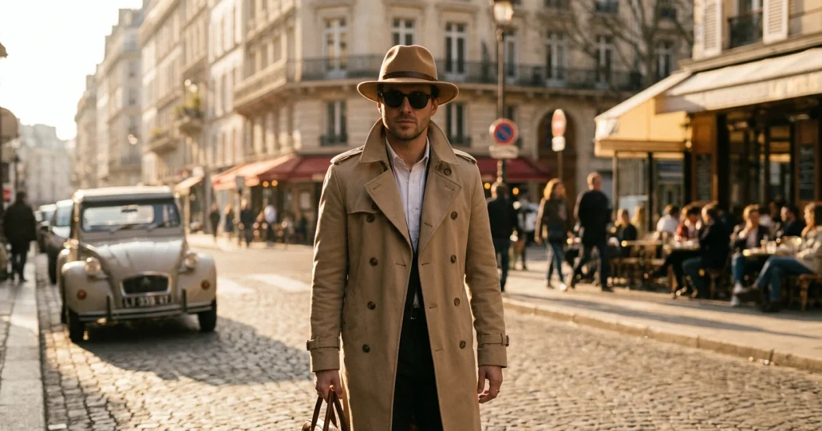 Man wearing a camel wool Fedora hat and trench coat in a stylish urban setting at golden hour.