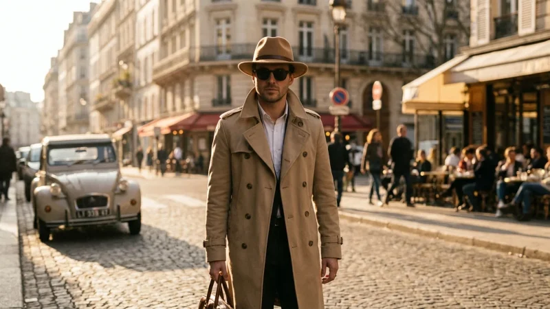 Man wearing a camel wool Fedora hat and trench coat in a stylish urban setting at golden hour.