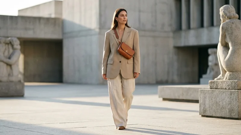 Stylish woman wearing a cognac leather belt bag crossbody in an urban setting.