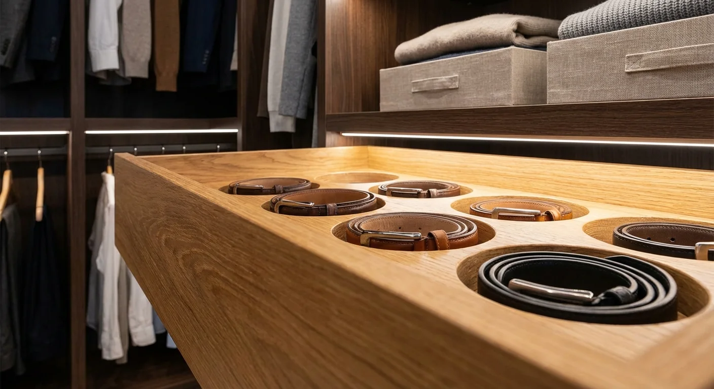 Curele de piele rulate ordonat în organizatoare de lemn într-un dressing modern.