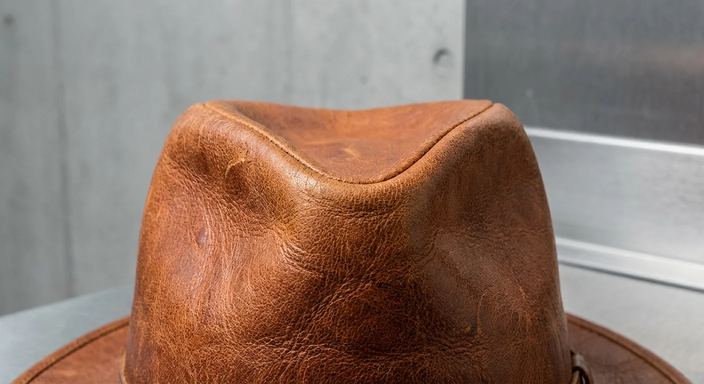 Detailed texture of a leather Fedora hat.