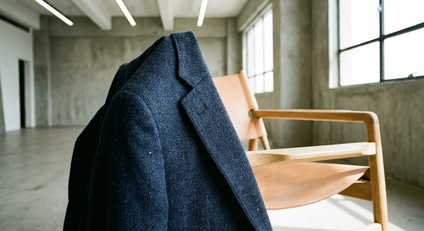 Detailed texture of a navy blue wool blazer lapel.