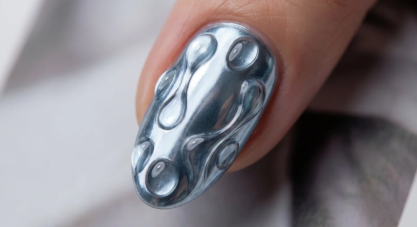 Detalii de nail art 3D cu efect de picături de apă și bază cromată.