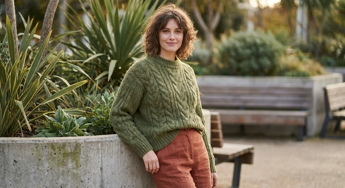 Detalii de textură: pulover verde mușchi și pantaloni teracotă, stil outdoor sofisticat.