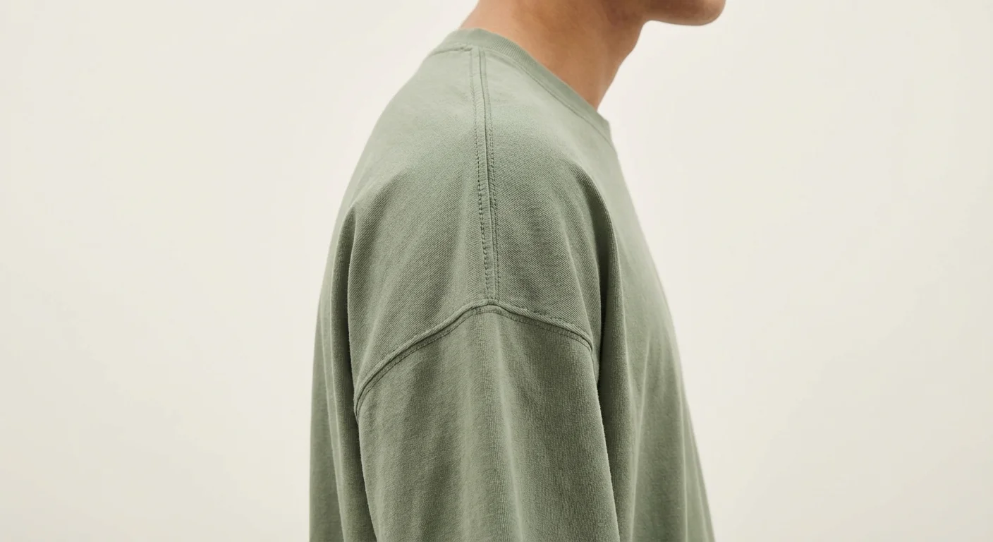 Detaliu al cusăturii umerilor căzuți la un tricou oversized de calitate.