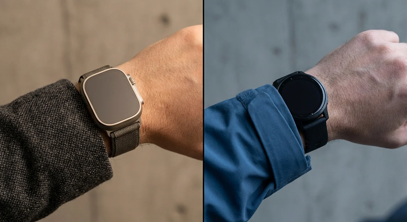 Detaliu comparativ între designul rectangular Apple Watch și cel rotund Garmin Venu 3.