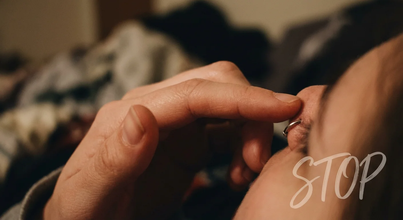 Detaliu cu o mână care se apropie de nas, sugerând importanța de a nu atinge piercingul.