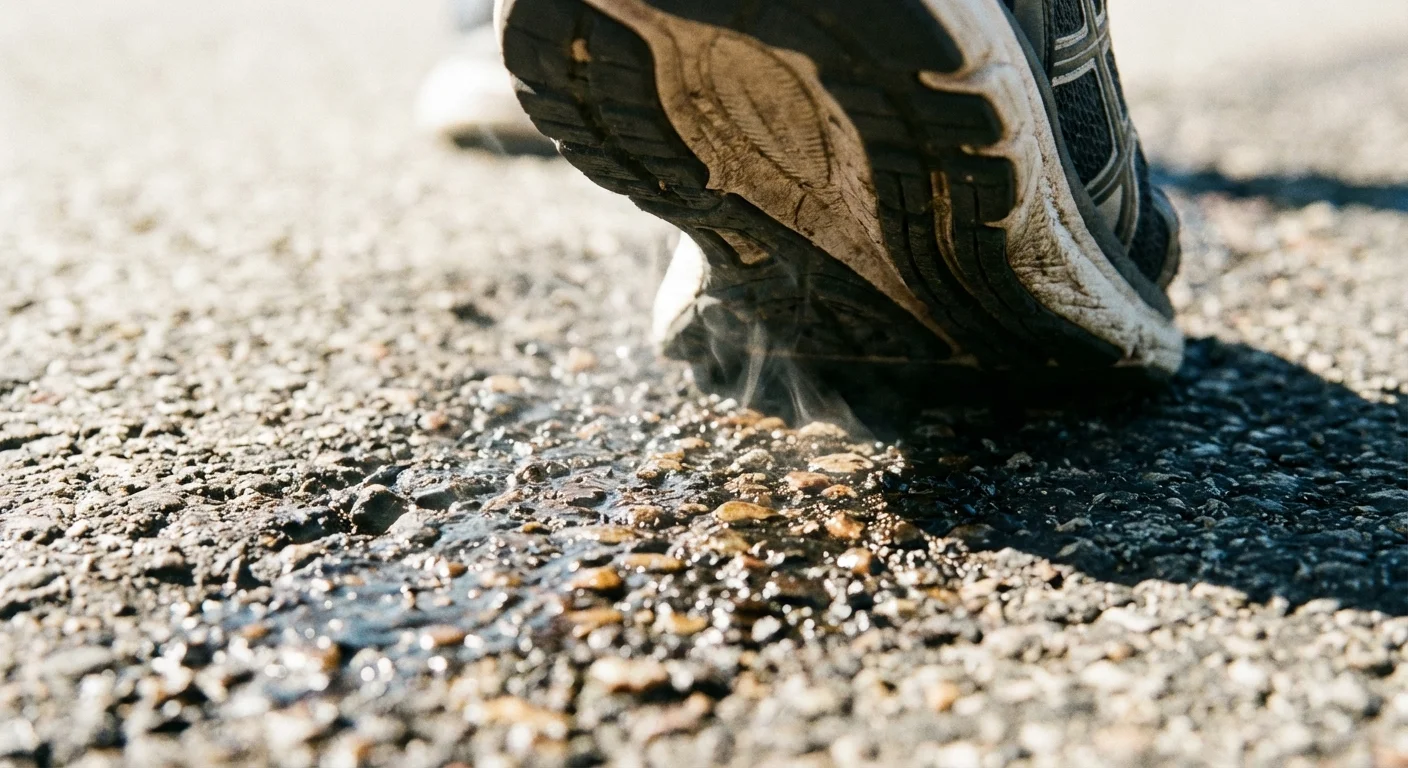 Detaliu cu un pantof sport pe asfaltul încins, sugerând căldura extremă.