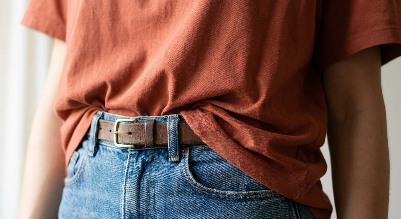 Detaliu de styling: tricou oversized introdus parțial în pantaloni.