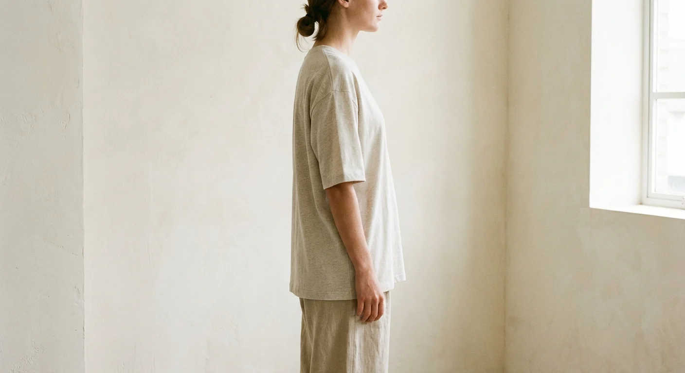 Detaliu lateral al unui tricou oversized, evidențiind lungimea mânecii.