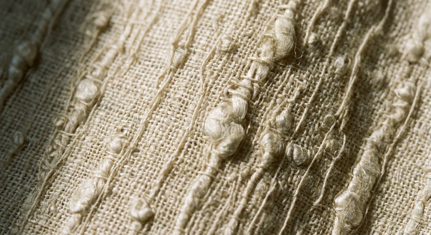 Detaliu macro al țesăturii de borangic, evidențiind textura neregulată și firele naturale de mătase.