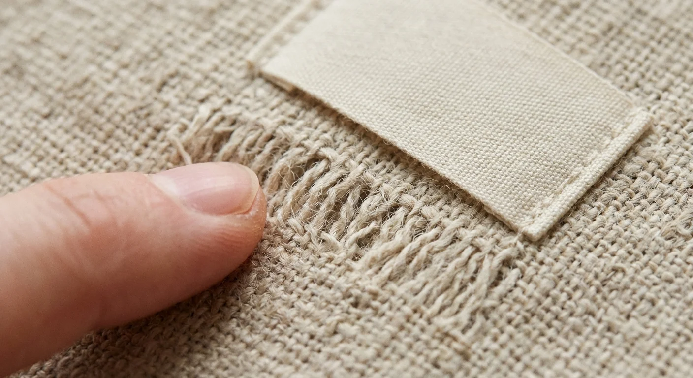 Detaliu macro al unei etichete pe un material textil texturat.