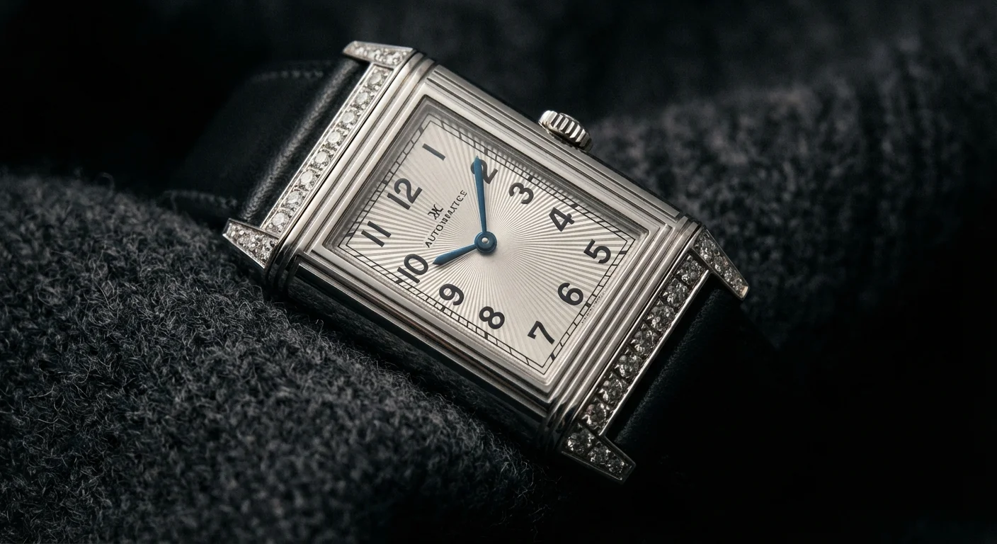 Detaliu macro al unui ceas rectangular în stil Art Deco pe un pulover de cașmir.