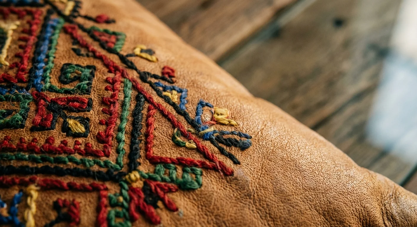 Detaliu macro cu broderia tradițională românească pe piele naturală.