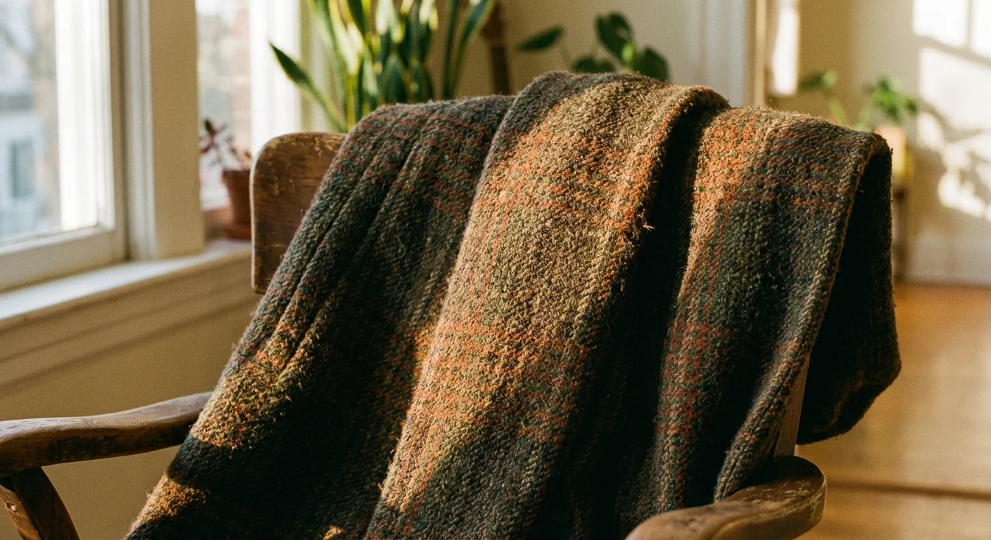 Detaliu tactil al unui palton de lână vintage de înaltă calitate, iluminat natural.