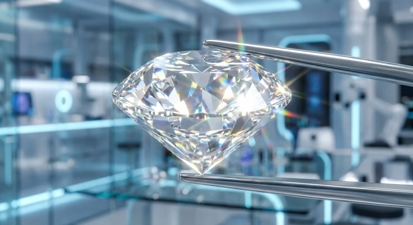 Diamant de laborator stralucitor ținut în pensetă de bijutier.