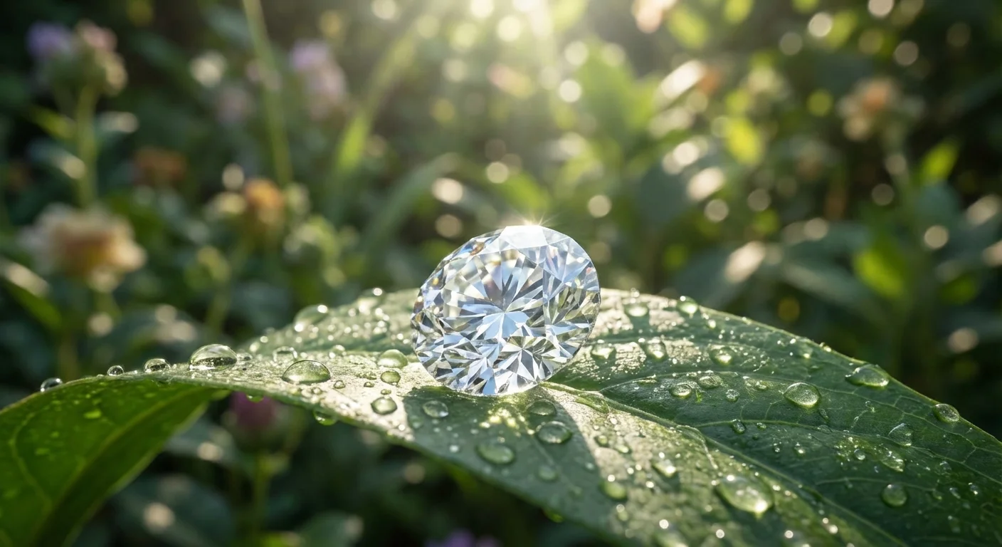 Diamant strălucitor așezat pe o frunză verde proaspătă.