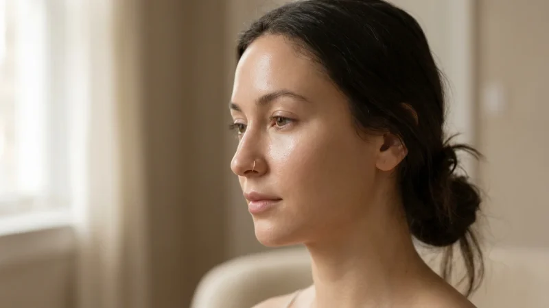 Close-up profile of a woman wearing a stylish gold nose ring in a professional fashion photography style.