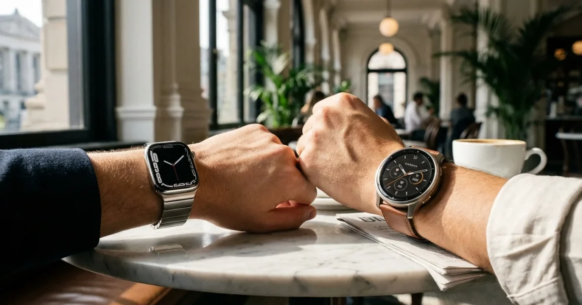 Două ceasuri inteligente, Apple Watch și Garmin Venu 3, purtate elegant într-un cadru urban modern.