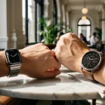 Două ceasuri inteligente, Apple Watch și Garmin Venu 3, purtate elegant într-un cadru urban modern.