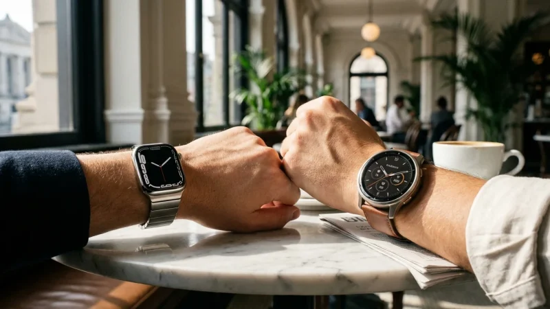 Două ceasuri inteligente, Apple Watch și Garmin Venu 3, purtate elegant într-un cadru urban modern.