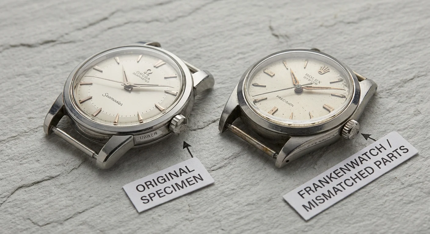 Două ceasuri vintage comparate pentru a identifica originalitatea pieselor.