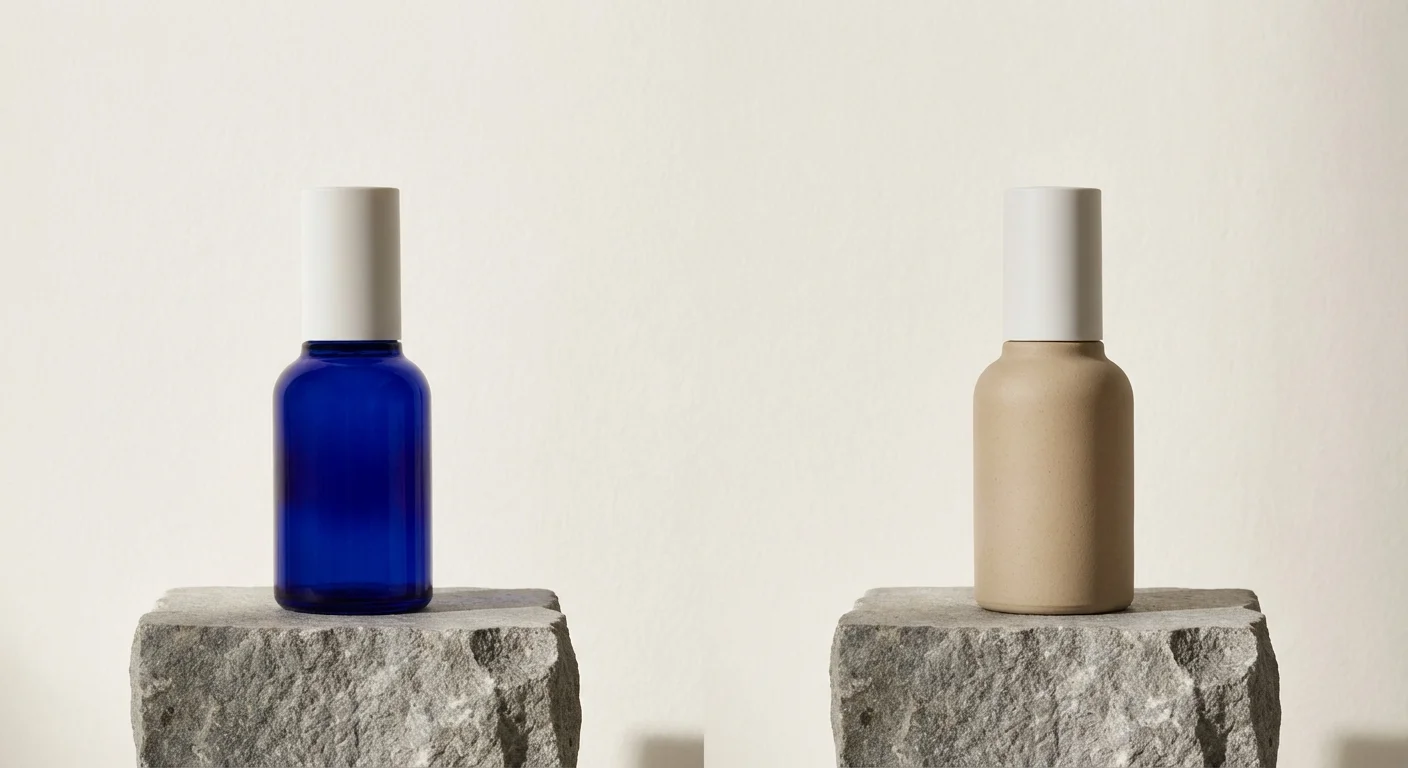 Două flacoane cosmetice elegante pe suporturi de piatră, stil minimalist.