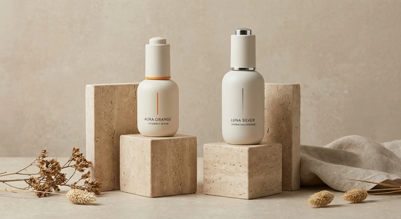 Două flacoane de serum minimalist pe suporturi de piatră, simbolizând alegerea corectă.