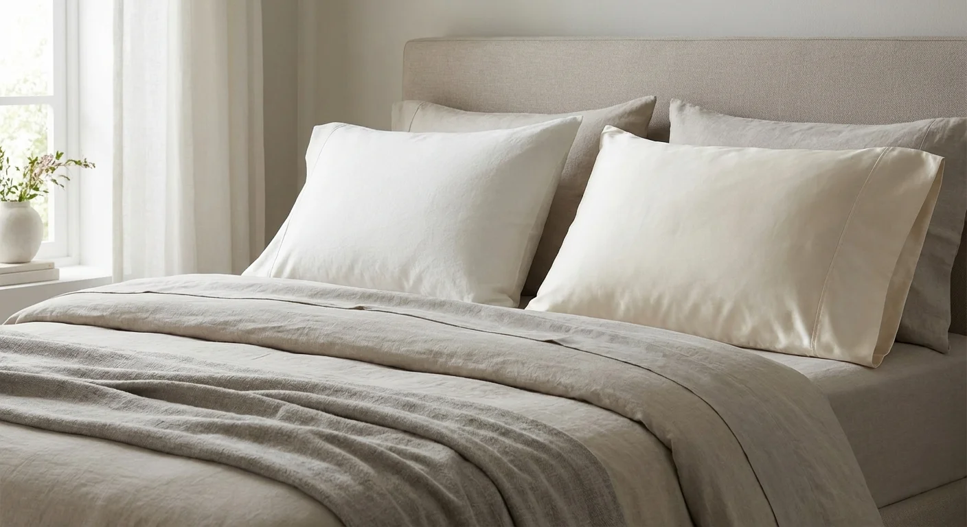 Două perne cu texturi diferite: una mată (percale) și una lucioasă (satin).