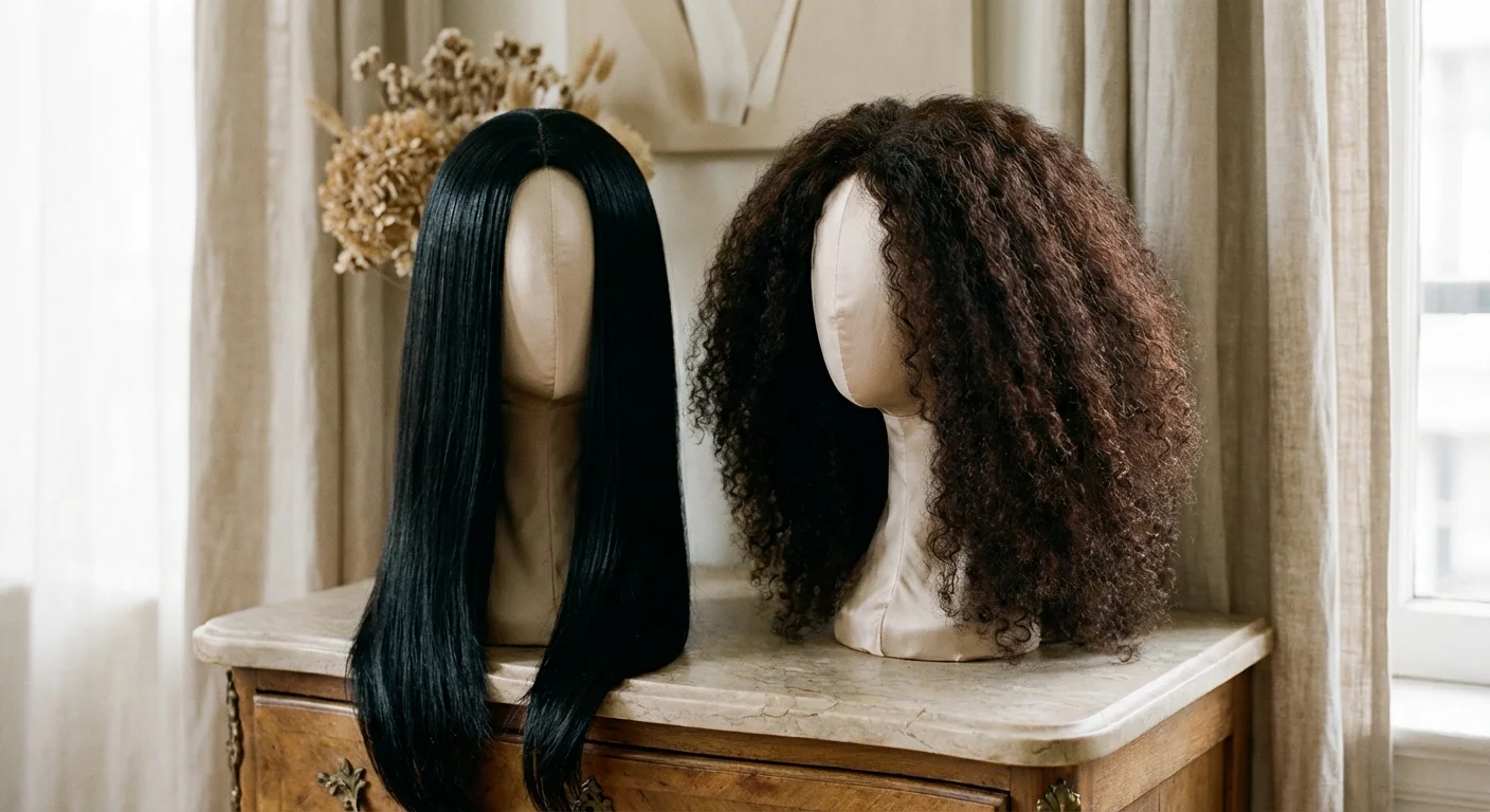 Două peruci, una sintetică și una din păr natural, expuse pe o comodă elegantă.