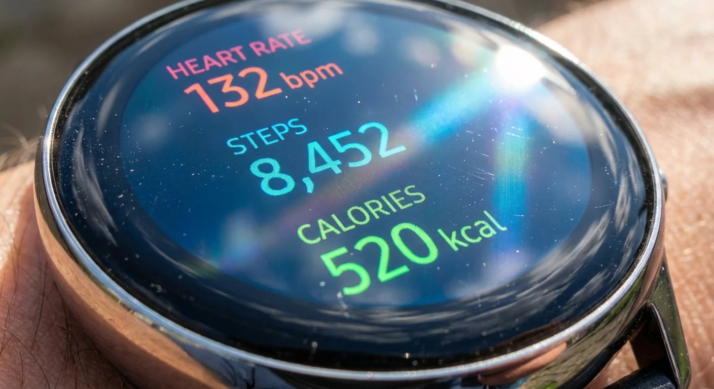 Ecran AMOLED de înaltă rezoluție al unui smartwatch în lumina directă a soarelui.