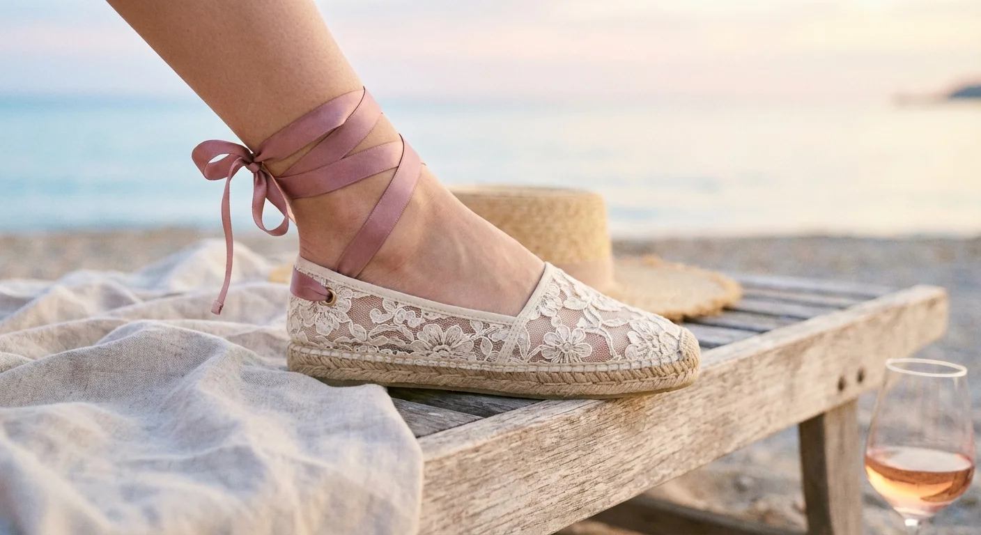 Espadrile couture din dantelă cu panglici de satin, stil boem șic.