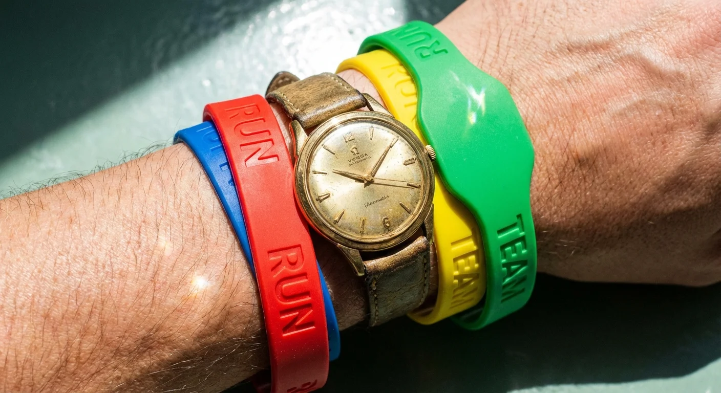 Exemplu de greșeală de stil: ceas vintage purtat cu brățări sport de plastic.
