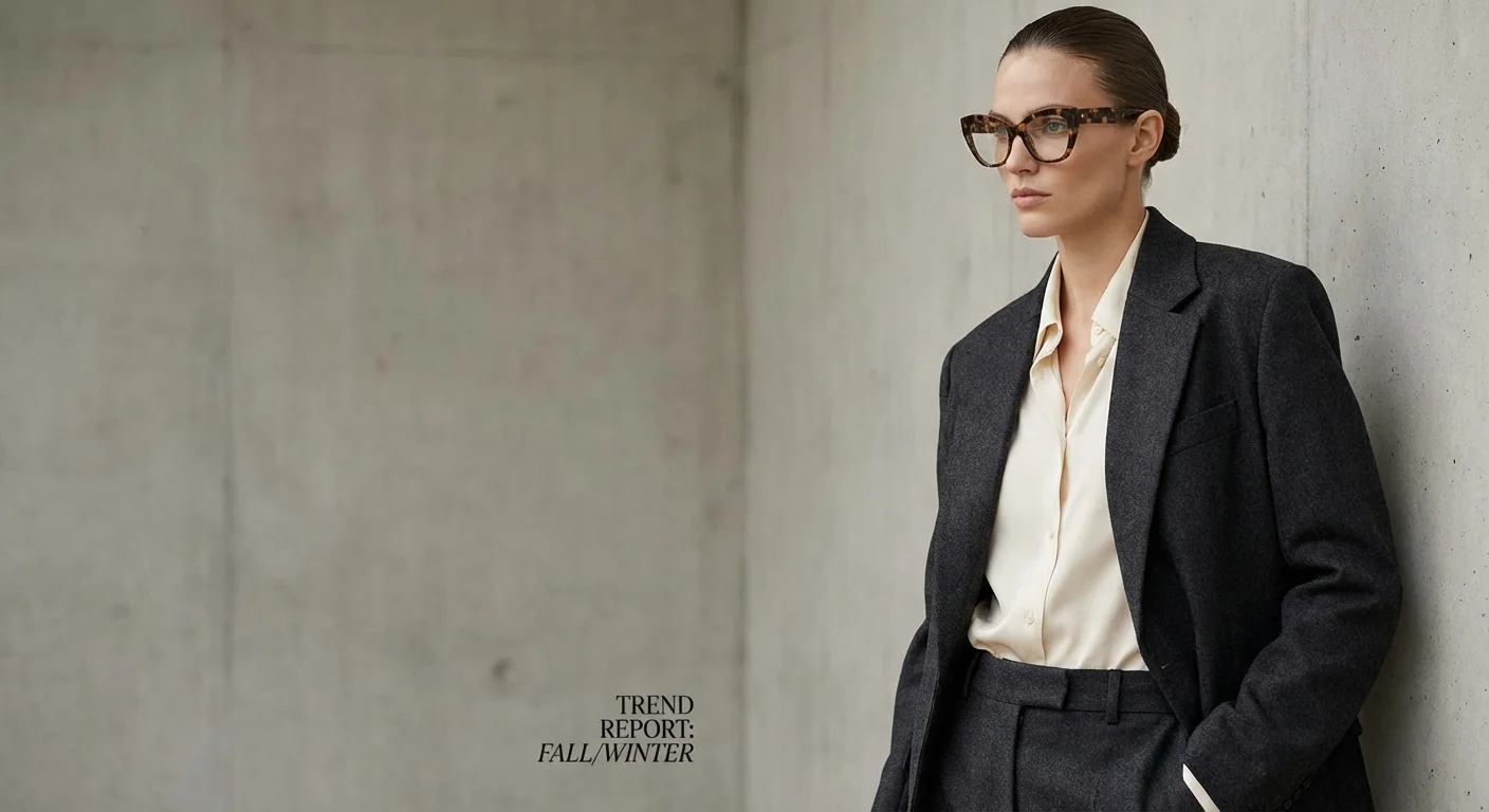 Fashion model in an oversized blazer and cat-eye glasses.