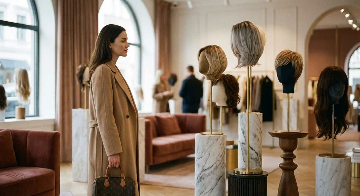 Femeie alegând o perucă dintr-un showroom de lux.