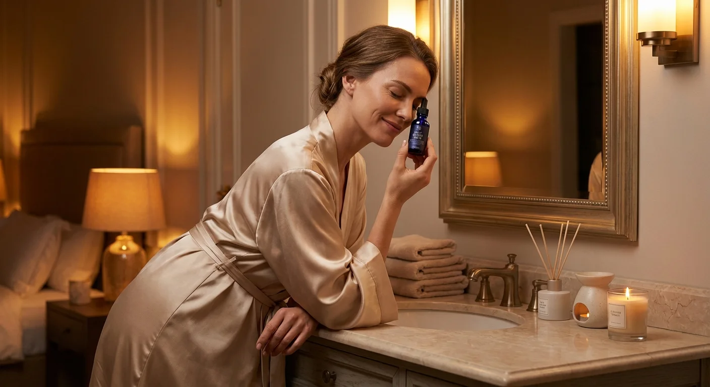 Femeie aplicând serum cu retinol seara, într-o atmosferă caldă și relaxantă.