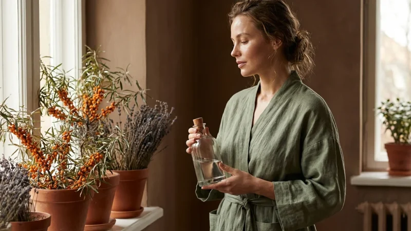 Femeie cu ten luminos și un flacon de sticlă minimalist, înconjurată de plante bio.