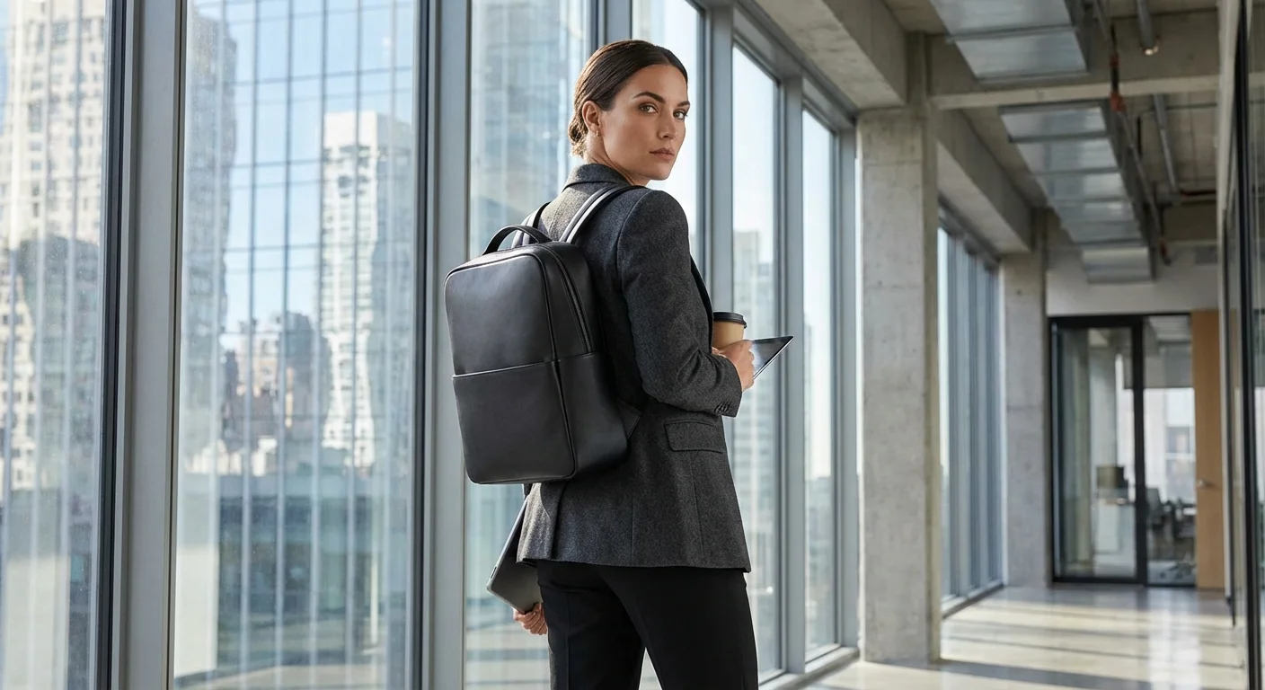 Femeie de afaceri cu rucsac minimalist negru într-un birou modern.