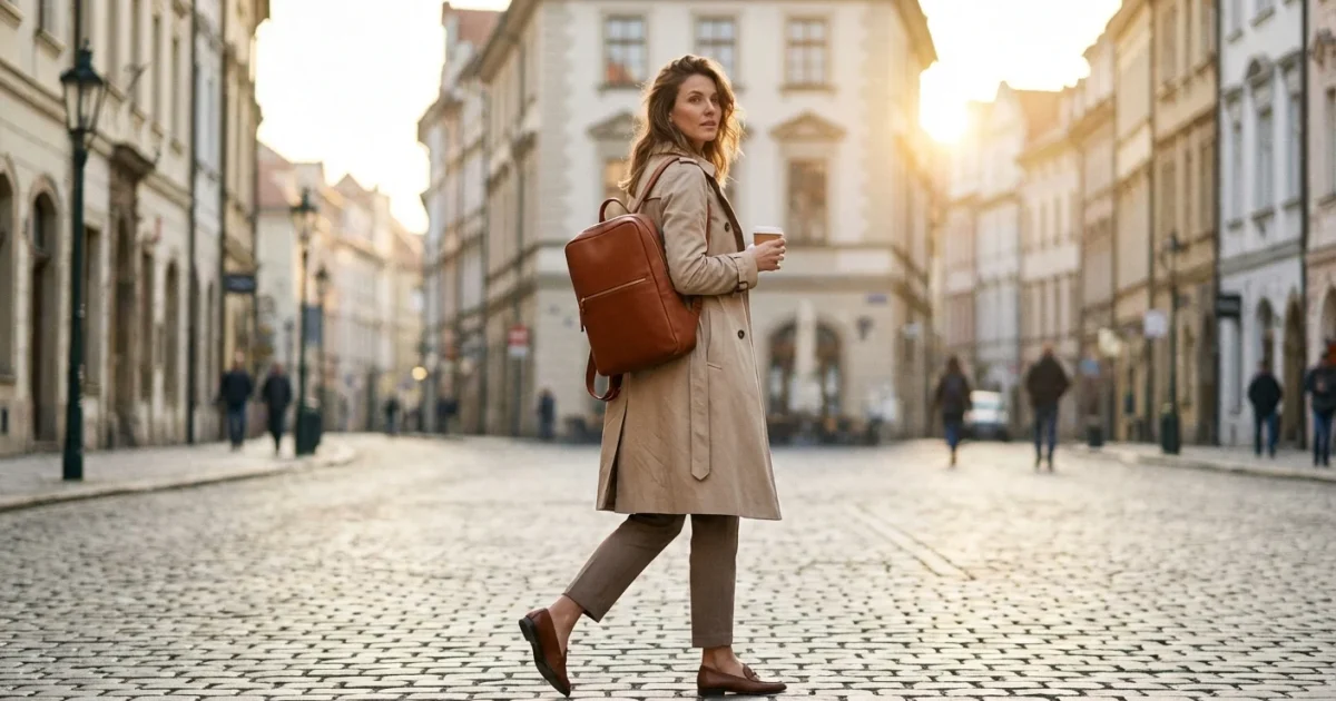 Femeie elegantă cu rucsac de piele maro pe o stradă istorică.