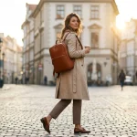 Femeie elegantă cu rucsac de piele maro pe o stradă istorică.