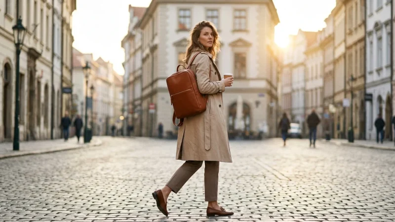 Femeie elegantă cu rucsac de piele maro pe o stradă istorică.
