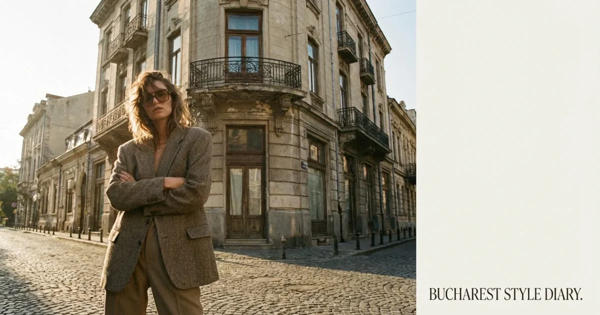 Femeie elegantă în București purtând un sacou vintage de designer sub lumina caldă a apusului.