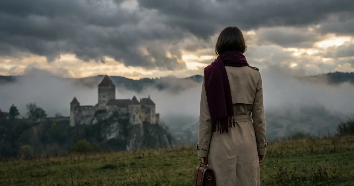 Femeie elegantă în trenci bej privind spre un castel medieval în ceață, Transilvania.