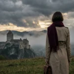 Femeie elegantă în trenci bej privind spre un castel medieval în ceață, Transilvania.