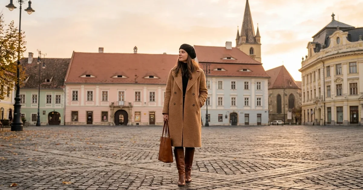 Femeie elegantă într-un palton camel în Piața Mare din Sibiu, toamna.
