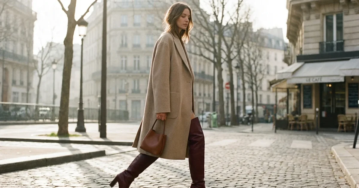 Femeie elegantă purtând cizme burgundy peste genunchi și un palton bej pe o stradă din Paris.