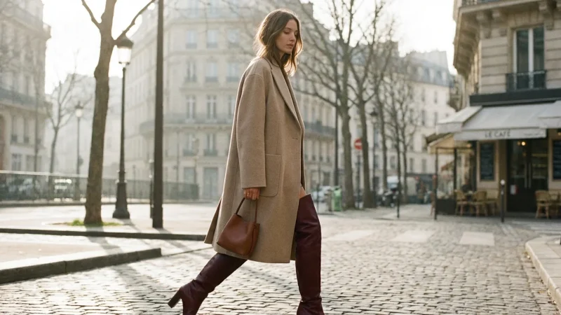 Femeie elegantă purtând cizme burgundy peste genunchi și un palton bej pe o stradă din Paris.