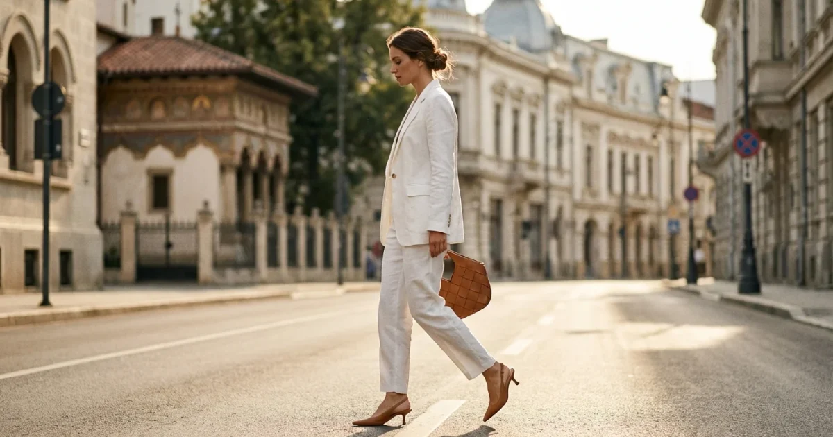 Femeie elegantă purtând un costum de in alb și pantofi slingback pe o stradă însorită din București.